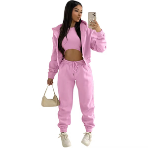 Wholesale Custom <b>Women's</b> Two Piece Zipper Hoodie Pants Sweat Suit Set with Embroidered Mesh Lace Cotton <b>Fleece</b> Tracksuits - Product Image 1