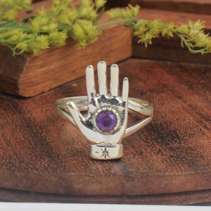 Wholesale 925 Sterling Silver Hamsa Hand <b>Ring</b> Hot Selling Purple <b>Amethyst</b> Diamond Round-Cut Stone Jewelry for Women for Weddings - Product Image 4