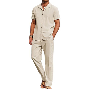 ชุดเซ็ตเสื้อเชิ้ตกระดุมและกางเกงขายาวทรงหลวม สีกากี สำหรับผู้ชาย สไตล์ลำลอง ระบายอากาศได้ดี เหมาะสำหรับฤดูร้อน ออกแบบตามสั่งได้ ขายส่ง - Product Image 2