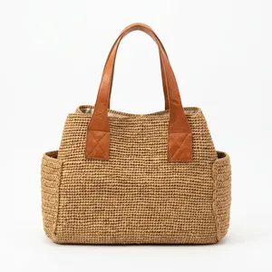 Sac fourre-tout écologique fait main en raphia pour femme, jaune moutarde, motif géométrique, poignée unique, ouverture supérieure, sac à main d'été pour le shopping - Product Image 2