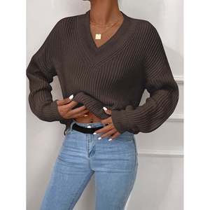 Suéter con estampado bordado y manga larga con cuello en V para mujer con cinturón - Product Image 1