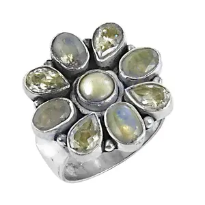 Women's <b>Vintage</b> <b>Gold</b>-Plated 925 Silver Cocktail <b>Ring</b> Multi-Gemstone Inlay with Oval Cut Diamonds Number Shape - Product Image 1