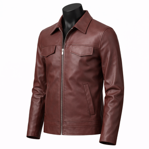 Veste zippée unie en similicuir bordeaux pour homme, coupe ajustée, style court, veste en cuir tendance pour homme - Product Image 3