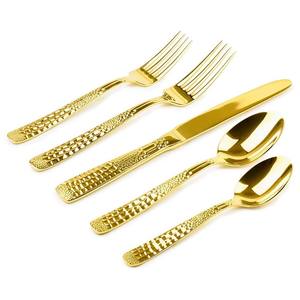 Juego de cubiertos de acero inoxidable de 5 piezas de estilo americano único con asas chapadas en oro a rayas, vajilla elegante - Product Image 5
