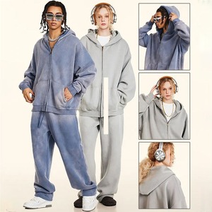 Conjuntos Deportivos Personalizados con Lavado Ácido, de Algodón Grueso, con Cremallera Completa, Conjuntos de Sudadera con Capucha y Pantalones Deportivos para Hombre - Product Image 2