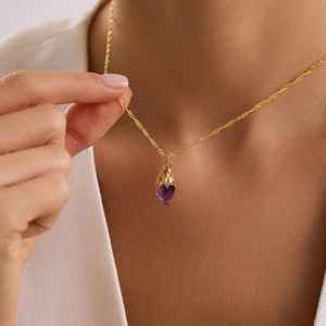 Collar Personalizado con Amatista Natural, Piedra de Nacimiento, Gema Delicada, Plata de Ley 925, Chapado en Oro de 14K - Product Image 6