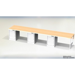 Banco da lavoro 3750 x 800 x 840 mm LxTxH con 3 armadi a cassetti, ciascuno con 5 cassetti - Product Image 1