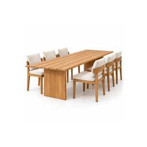 Conjunto de Mesa de Comedor de Madera de Teca Moderna para Exteriores con Sillas Tapizadas para Patio, Jardín, Cafetería, Restaurante, Proyectos Hoteleros - Product Image 1