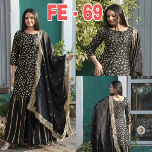 Nuevo diseñador patrón sólido bordado Chinon Sharara traje tejido con puntada completa elástico bordado pesado trabajo de secuencia de trabajo - Product Image 6