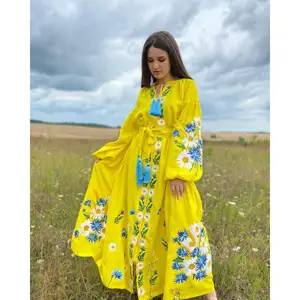 2023 New Women Apparel Long Dresses Women Lady Elegant Cotton Embroidered Long Sleeve Ukrainian Embroidered Dress