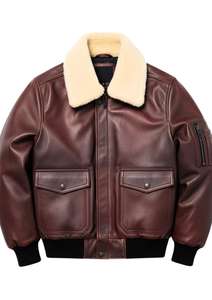Genuine Leather Aviator Bomber <b>Jacket</b> for <b>Men</b> with Shearling Collar Classic Pilot Style Leather <b>Jacket</b> - Product Image 2