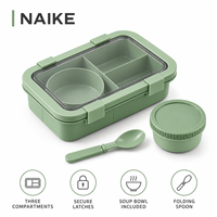 Boîte à lunch en paille de blé PP avec trois compartiments, bol à soupe, cuillère pliable et fermoirs sécurisés pour le bureau, l'école et la vente au détail