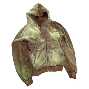 2025 nouveau Logo personnalisé sweat zippé haute qualité coton surdimensionné soleil délavé acide lavage strass pull à capuche - Product Image 5