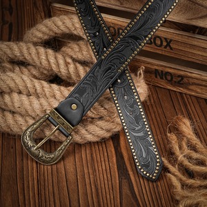 เข็มขัดหนังแท้คลาสสิกวินเทจแบบตะวันตกเข็มขัดวัวสีน้ำตาลดำพร้อมหัวเข็มขัดวัวสีเงิน - Product Image 5