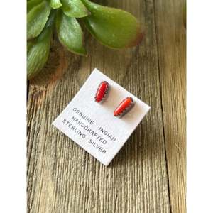 Navajo Made Mediterranean Coral & <b>Sterling</b> <b>Silver</b> <b>Stud</b> Earrings - Product Image 4
