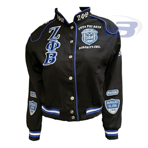Veste bomber universitaire Zeta Phi Beta Sorority avec patchwork de lettres grecques, bleu noir, broderie premium, streetwear universitaire - Product Image 1