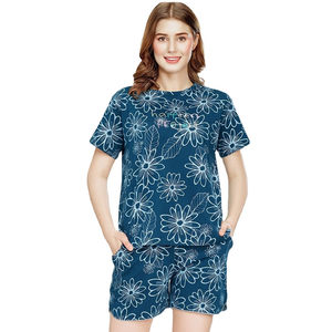 Forte demande femmes imprimé fleuri double ensemble été à manches courtes haut et short vêtements de détente 2 pièces tenue de nuit pour les femmes - Product Image 1