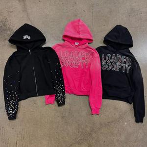 Unisex 2025 personalizado 450 Gsm 100% algodón Sudadera con capucha Rhinestone descarga impresa invierno de gran tamaño con capucha cuello lavado técnica sólida - Product Image 3