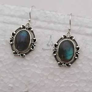 925 Sterling <b>Silver</b> <b>Dangle</b> <b>Earrings</b> with Natural Labradorite Oval Gemstone Handmade Boho Birthstone Jewelry Gold Material - Product Image 4