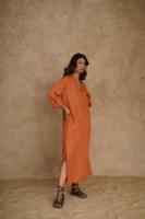 Luxe lin col en V à manches longues couleur unie fente latérale femmes robe mi-longue Vintage été nouveautés lâche col en v robe en lin