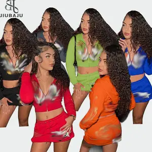 Casual Women 2 piece Set Graphic Hooded Zip Hoodies +Peach Hip Skirts Streetwear Matching Suit