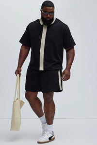 Factory Direct Zipper Fold-Down Collar Shirt & <b>Shorts</b> 2-Piece Set for <b>Men</b> Premium Quality Casual Solid Twin Set - Product Image 2