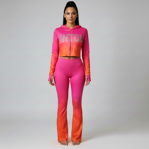 Ensemble de yoga et de fitness pour femmes, broderie personnalisée, sweat-shirt à capuche zippé uni, leggings, séchage rapide, vente en gros, manches longues - Product Image 2