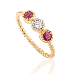 Get Latest Collection of 100% Natural <strong>Round</strong> Shape <strong>Ruby</strong> and Diamond Three Stone Ring 18k Solid Yellow Gold Fine Jewelry for Women - Product Image 1