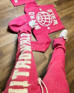 Ensemble survêtement personnalisé d'hiver avec strass, effet délavé, fermeture éclair, broderie, pantalon de survêtement surdimensionné avec patch en pierre, jogging à capuche - Product Image 1