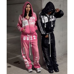 Premium Quality 2026 New Design Breathable 100% Cotton Slim Fit Winter Hoodies Sweatpants Sets Acid Wash Rhinestone Tracksuit - Product Image 1