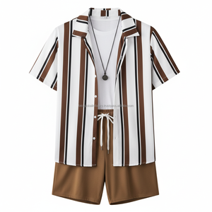 Ensemble de shorts décontractés pour hommes personnalisés OEM, respirants, à rayures - Motif à rayures multicolores marron et blanc, tenue d'été 2 pièces - Product Image 3