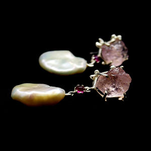 Boucles d'oreilles à la mode suspendues en argent sterling 925 Tourmaline baroque perle Dangler pierres précieuses brutes dames - Product Image 3