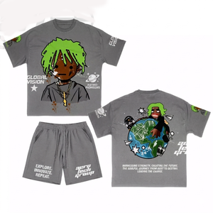 Premium 240 GSM cotton oversized tshirt and shorts set vintage wash black green graphic print custom screen print 2 Pieces Sets - Product Image 5