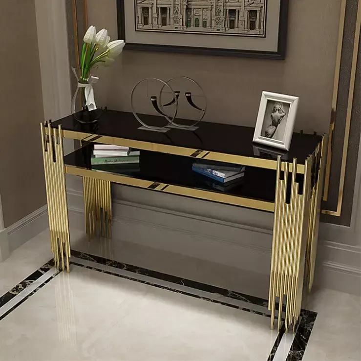 Tables console d'entrée de couloir moderne nordique noir meubles de salon table basse en verre de luxe en acier inoxydable doré