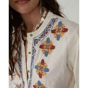 Martina Floral Print <b>Blouse</b> Ecru <b>Satin</b> Linen Loose Fit XL Size Custom Logo for Summer Daily Use - Product Image 1