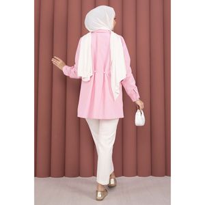 Chemise décontractée en popeline tricotée pour femme Alin, taille XL, boutonnée, imprimé simple et tendance, plissée, tissée, longue, vêtement d'été rose - Product Image 6