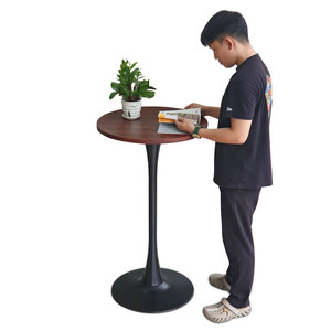 Mesa de Bar Redonda Contemporánea de 60 cm con Patas de Hierro, Diseño Tulipán, Base de Madera de Acacia de 25 mm de Grosor-BB021 - Product Image 1