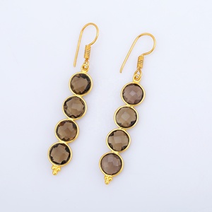 New Arrival 925 Sterling Silver Round Shape <b>Earring</b> 18K Gold Plated Smoky Gemstone <b>Fashion</b> <b>Drop</b> <b>Earrings</b> for Women and Girls - Product Image 2