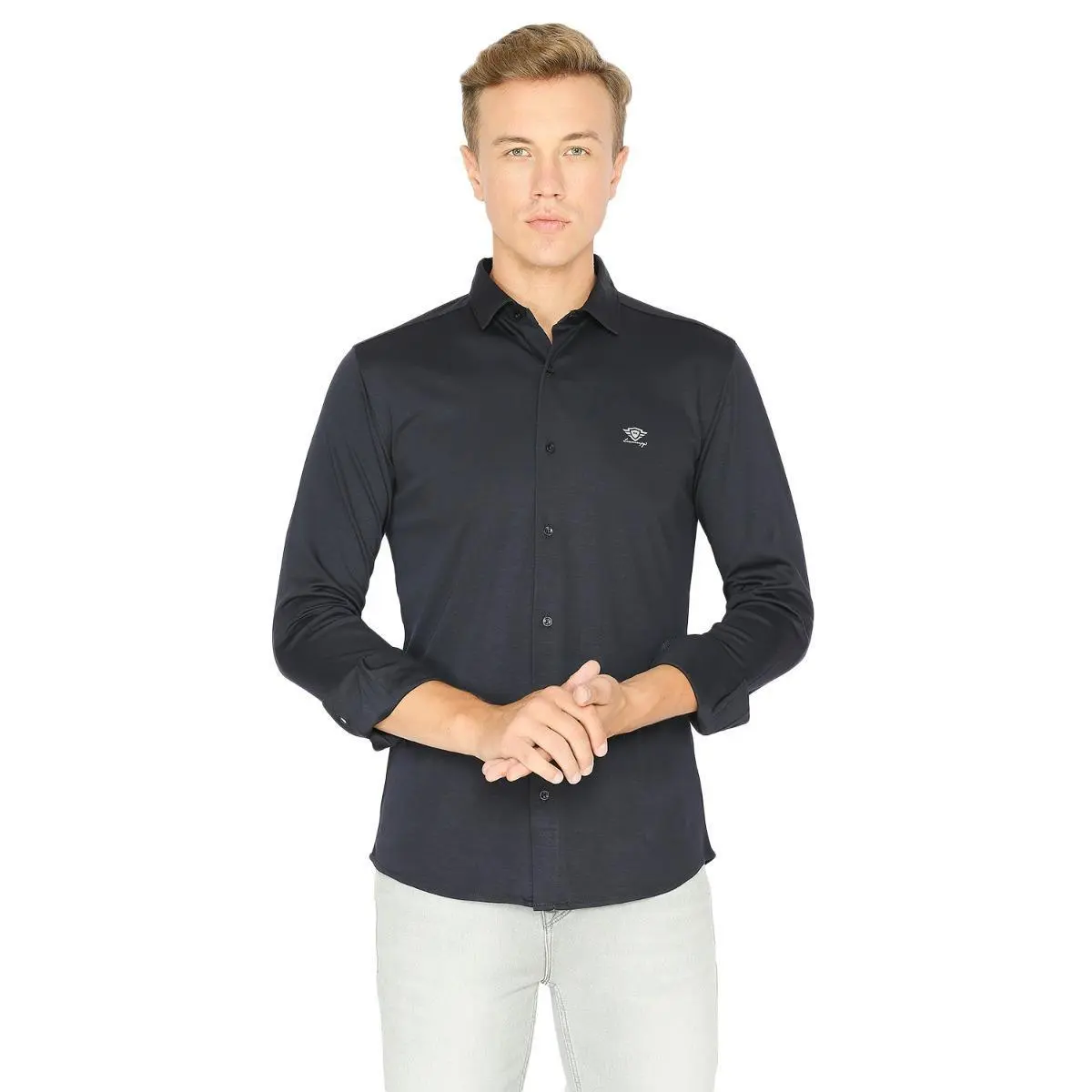 Wholesale Branded mens shirts Affordable Prices Pg3 Navy Blue Slim Fit Solid Shirts with Customized Size & Color Available For Men`s Wearing OEM ODM Service Offered