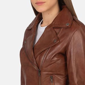 Chaqueta de motorista de piel de oveja auténtica para mujer, con cremallera, forro de viscosa acolchado y bolsillos interiores exteriores, color marrón - Product Image 5