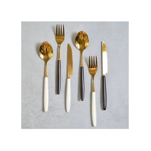 Stainless Steel <b>Set</b> Of 6 Flatware Pcs Ideal For Kitchen Tabletop Dining Home Hotel Use <b>Gold</b> Color Plated <b>Cutlery</b> 2 Color Handle - Product Image 1