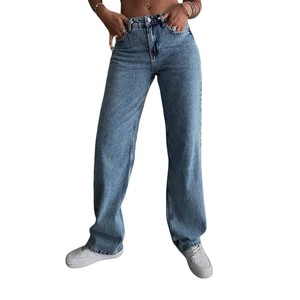 Pantalones vaqueros lavados ligeros de marca personalizada, cintura alta, corte de pierna recta, bolsillos desgastados, pantalones vaqueros informales para mujer, proveedor de Bangladesh - Product Image 6