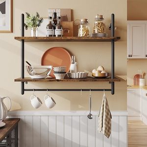 Metal Wall-Mounted Kitchen Shelf with <b>Towel</b> <b>Bar</b> Hooks Coffee <b>Bar</b> Shelf for Wine Hanging for Food Storage - Product Image 1