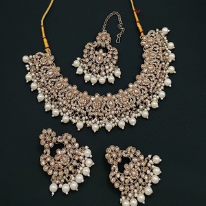 Trendy Luxury New Shadow Choker <b>Set</b> With Earrings And Tikka With Stones And Pearl <b>for</b> Wedding Wear <b>For</b> <b>Women</b> Fashion <b>Jewelry</b> <b>Set</b> - Product Image 1