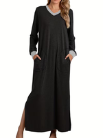 Chemise de nuit longue pour femme, col en V, fendue, avec poches, design color block contrastant, taille élastique, 100 % coton