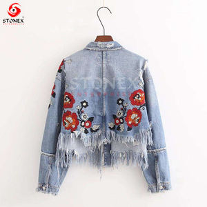 แจ็กเก็ตยีนส์ทรงพอดีตัวสำหรับผู้หญิงเสื้อครอปปักลายดอกไม้ด้านหน้าหลัง2023ออกแบบได้ตามต้องการ - Product Image 2