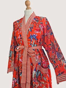 Bata Larga Estampada Floral para Mujer, Manga Larga, Cuello en V, 100% Poliéster, Suave, Informal, para Primavera, con Cierre de Cordón - Product Image 1