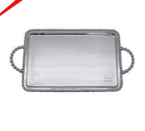 Plateau de service fini argent de bonne qualité avec poignée dorée à deux feuilles - Product Image 3