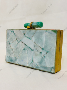 Amazonite Gemstone Panel <b>Clutch</b> with Natural Stone Handle Gold Tone Metal Frame Handcrafted Statement Bag for parties <b>weddings</b> - Product Image 2