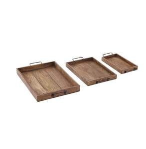 Juego de 3 bandejas de madera con asas, bandeja redonda marrón para desayunos, huevos, mango, bandeja para servir al por mayor - Product Image 1
